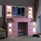 55" Vanity Desk with Mirror & Lights, Fluted Makeup Vanity with 8 Drawers & 4 Cabinets, Tempered Glass Top, RGB Cabinet Lighting, 3-Color Dimmable Mirror, and Charging Station
