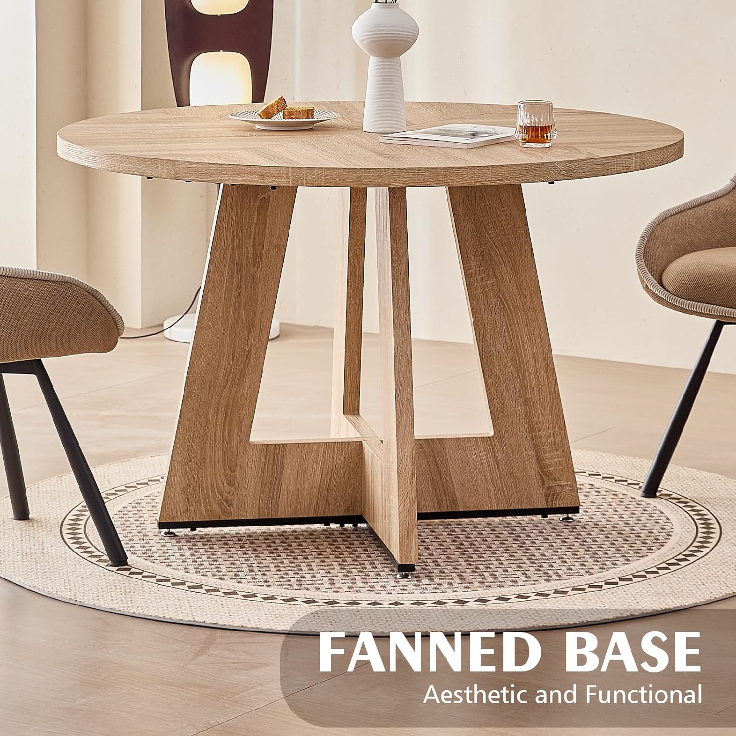 47" Round Dining Table for 4 6 People, [Fanned Base] [1.38" Thick Top] Farmhouse Wood Kitchen Table for Dining Living Room Home, Natural