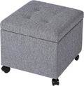 Homebeez 18" Square Storage Ottoman with Wheels, Tufted Linen Cube | Rolling Ottoman with Storage, Coffee Table Ottoman for Couch, Modern Footrest for Living Room Bedroom, Grey