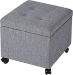 Homebeez 18" Square Storage Ottoman with Wheels, Tufted Linen Cube | Rolling Ottoman with Storage, Coffee Table Ottoman for Couch, Modern Footrest for Living Room Bedroom, Grey