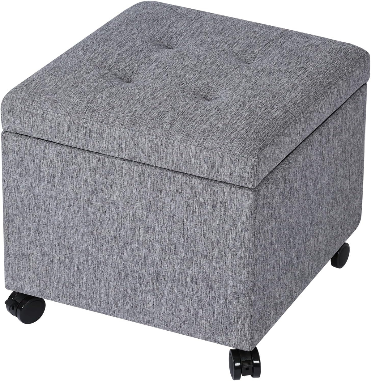 Homebeez 18" Square Storage Ottoman with Wheels, Tufted Linen Cube | Rolling Ottoman with Storage, Coffee Table Ottoman for Couch, Modern Footrest for Living Room Bedroom, Grey