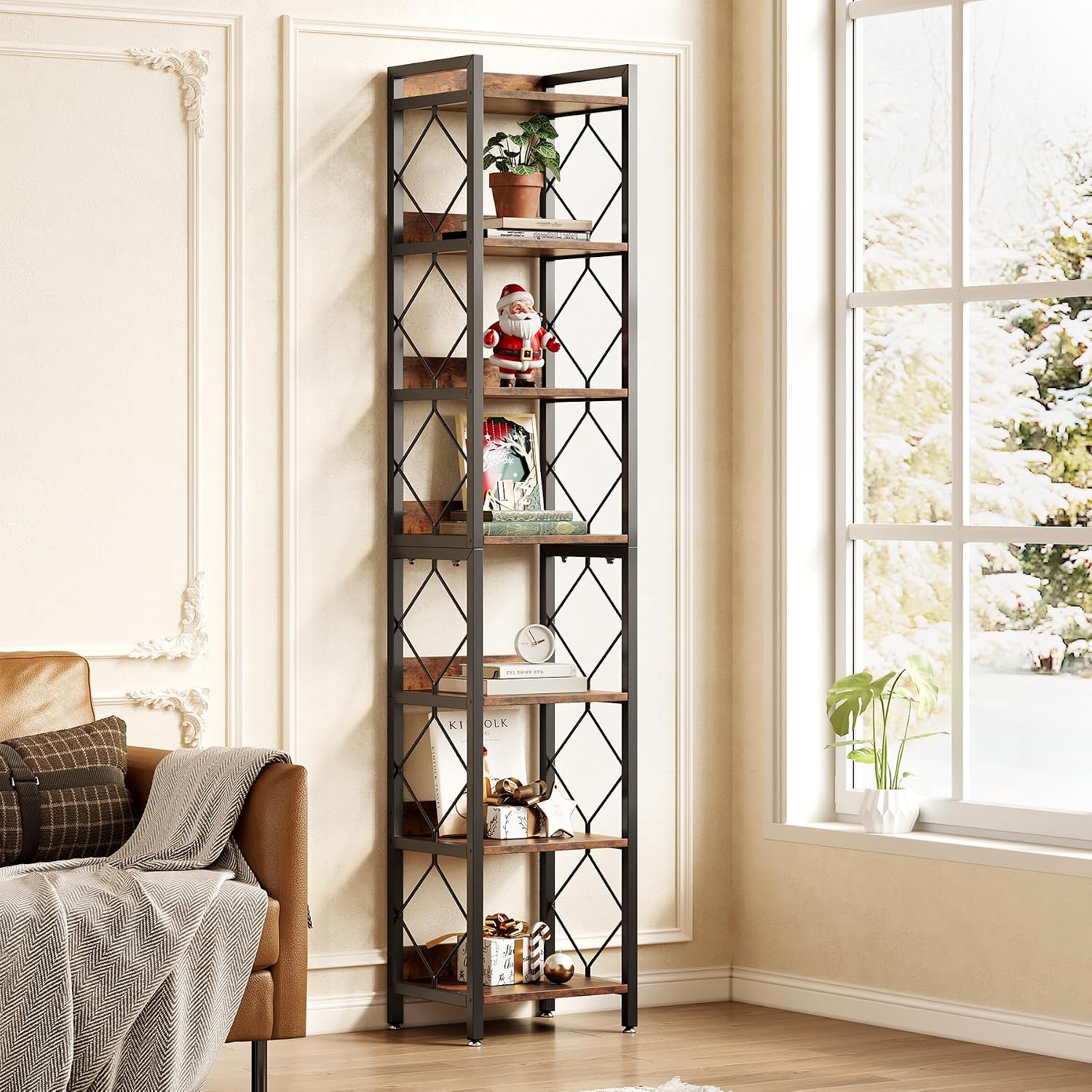 LITTLE TREE Corner Book Shelf, 78.7" Tall Narrow Bookcase, 7-Tier Skinny Wooden Display Shelves with Sturdy Metal Frame for Living Room, Modern Slim Standing Bookshelves for Office Shelf, Small Spaces