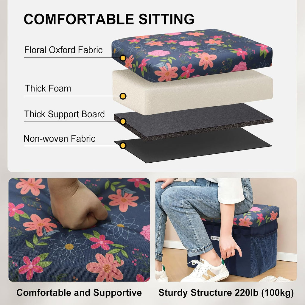49L Floral Foldable Storage Ottoman 220lb Heavy Duty Sitting Stool | 2-in-1 Seating footrest, Thick floral padded seat, Mesh side pockets, Padded handles, For home camping picnic
