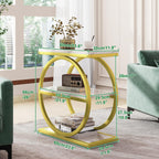 IBUYKE Narrow End Table with 3 Storage Shelves, Industrial Sofa Side Table, Double Round Metal Frames, Slim Nightstand and Bedside Table for Bedroom, Living Room, White with Gold UTMJ418G