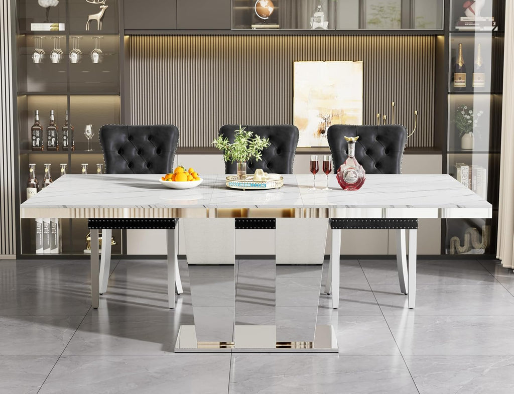 63"-94" Modern Extendable Dining Room Table for 6 8 10, Large White Faux Marble Expandable Kitchen Table with Mirrored Columnar Pedestal Base for Home Kitchen Dining Room Family Gathering