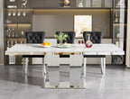 63"-94" Modern Extendable Dining Room Table for 6 8 10, Large White Faux Marble Expandable Kitchen Table with Mirrored Columnar Pedestal Base for Home Kitchen Dining Room Family Gathering