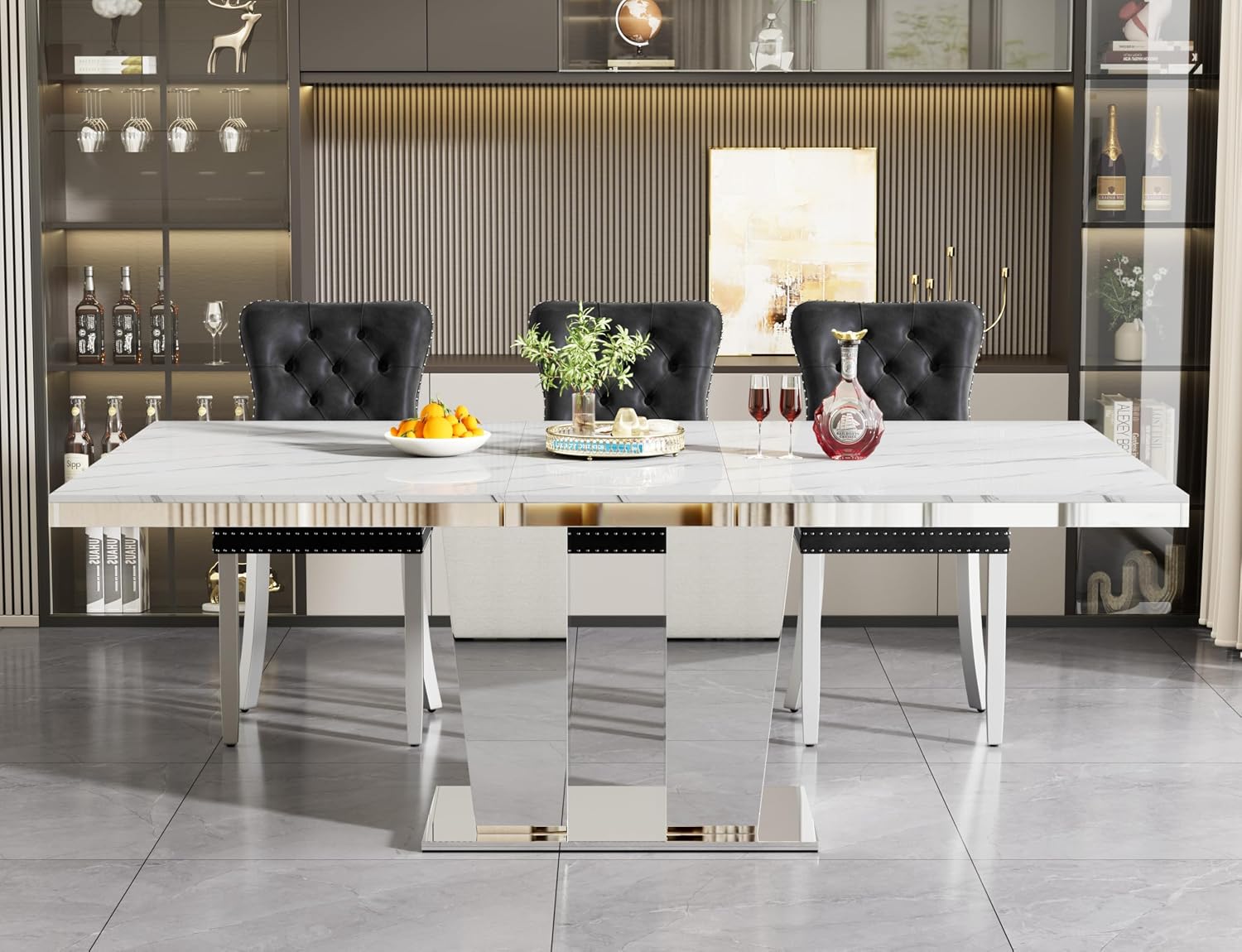 63"-94" Modern Extendable Dining Room Table for 6 8 10, Large White Faux Marble Expandable Kitchen Table with Mirrored Columnar Pedestal Base for Home Kitchen Dining Room Family Gathering