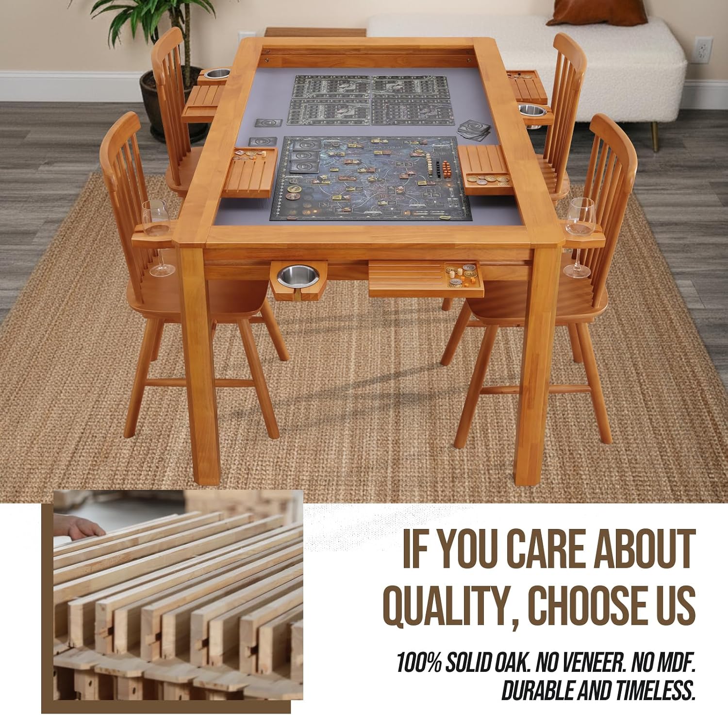 63" Solid Wood Board Game Table for Gaming/Dining, Removable Top | Gaming Table for 4–6 Players with 54" x 30.7" Play Area, Neoprene Play Mat, Leaf Storage Rack, 6 Cup Holders & Trays, Nature