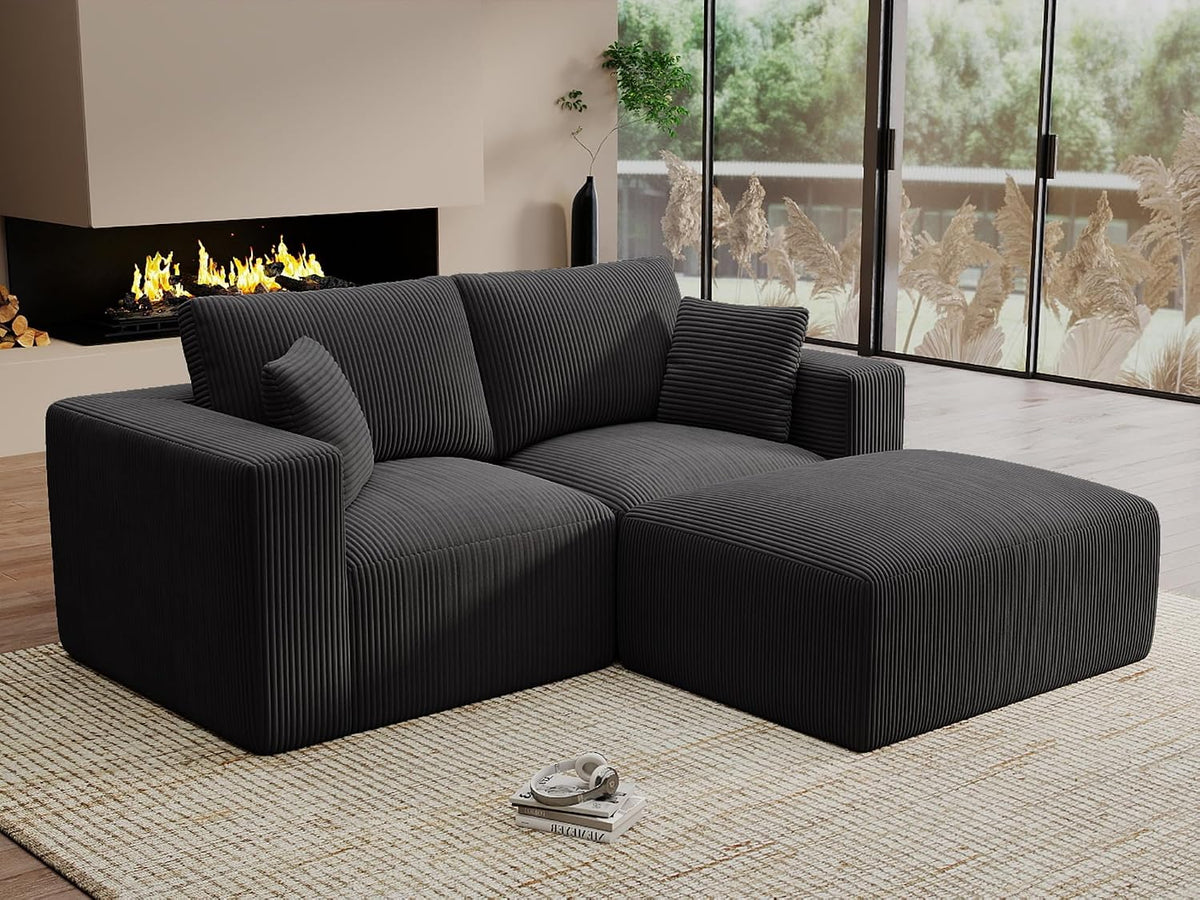 Modular Sleeper Sofa Couch Modern Sectional Couches for Living Room - 79" L-Shaped Cloud Couch - Easy Assembly Corduroy Convertible Sponge Compression Sofas with Chaise for Home House(Black)