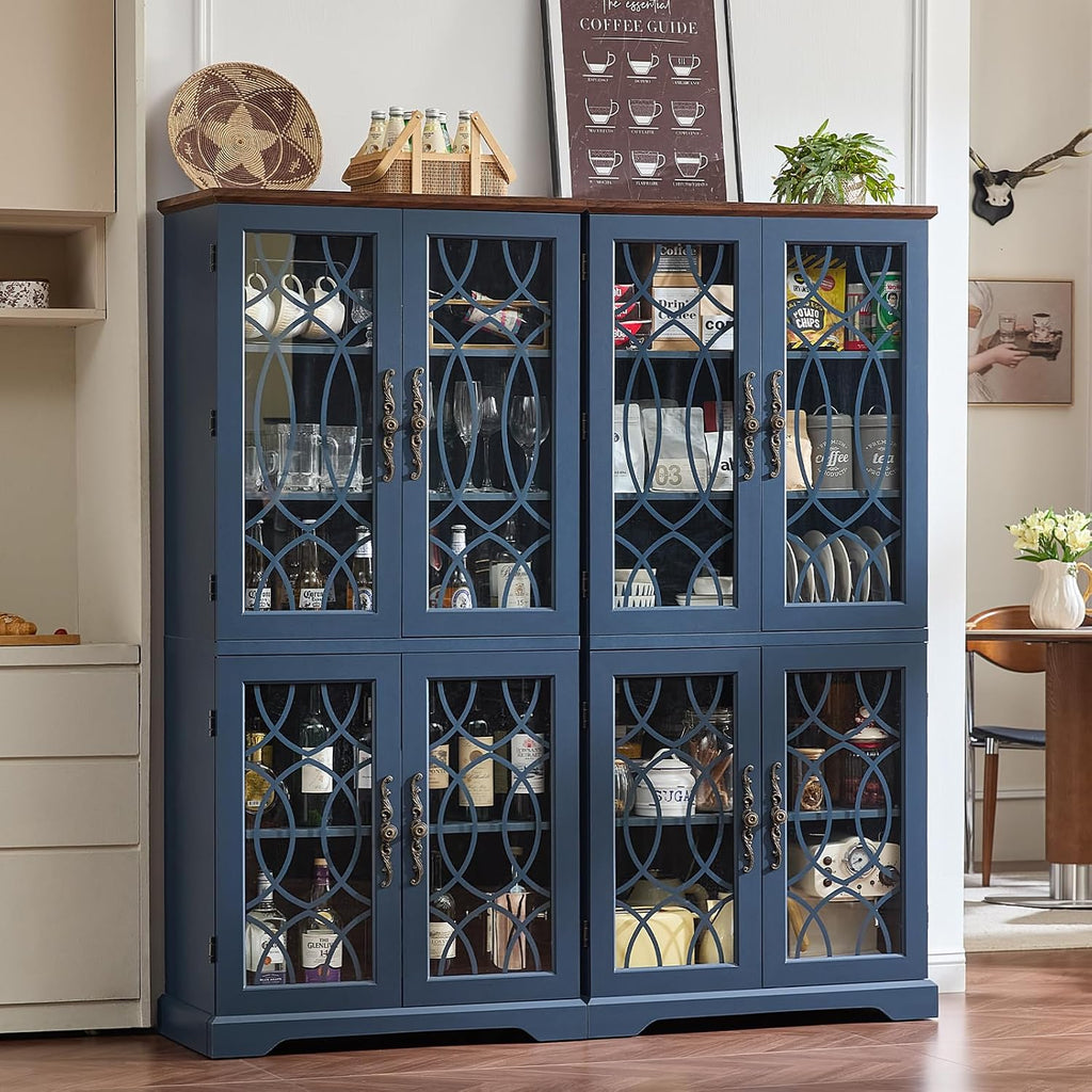 Joaxswe 67" Tall Pantry Cabinet Set of 3, Vintage Kitchen Pantries Cabinets with Glass Doors & Adjustable Shelves, Wood Cupboard with Large Storage for Dining Room, Bathroom, Navy Blue