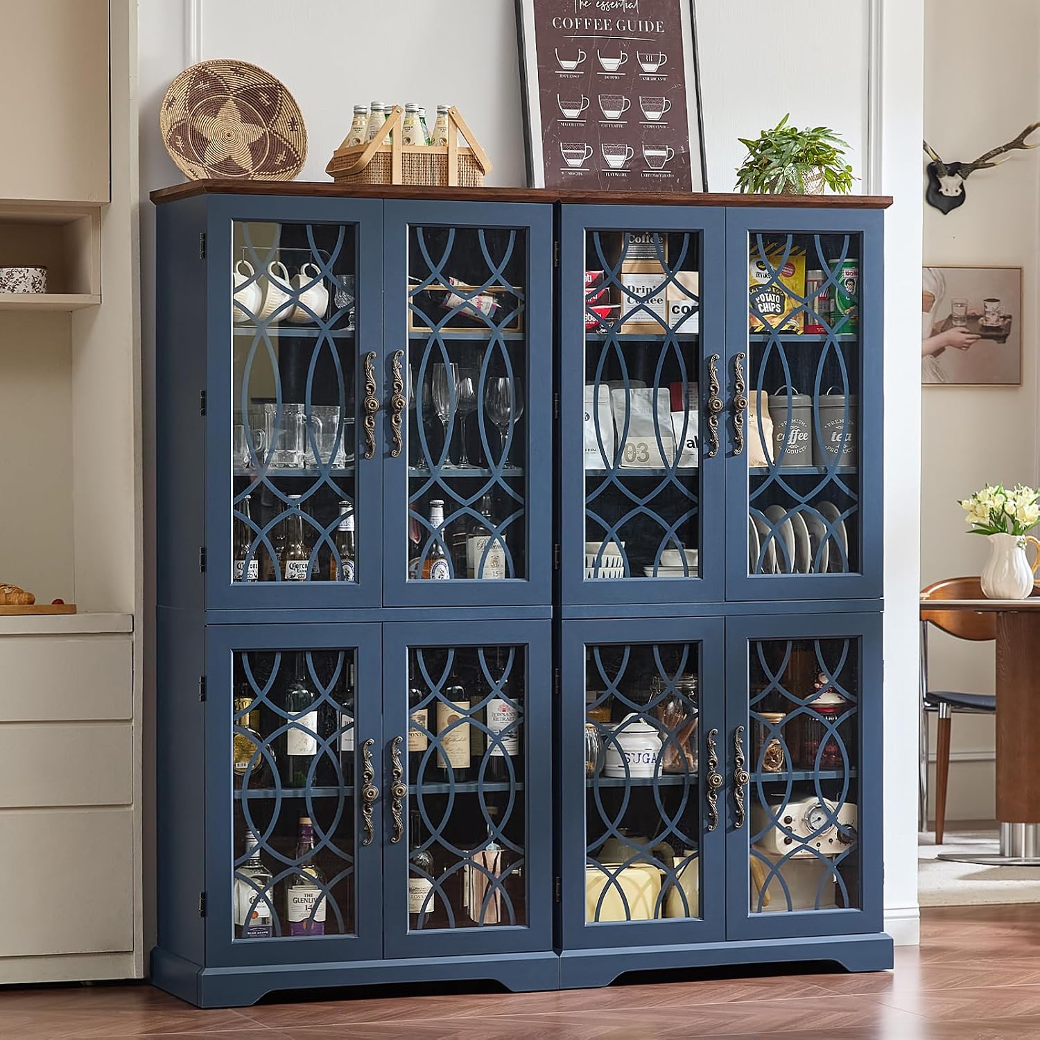 Joaxswe 67" Tall Pantry Cabinet Set of 3, Vintage Kitchen Pantries Cabinets with Glass Doors & Adjustable Shelves, Wood Cupboard with Large Storage for Dining Room, Bathroom, Navy Blue
