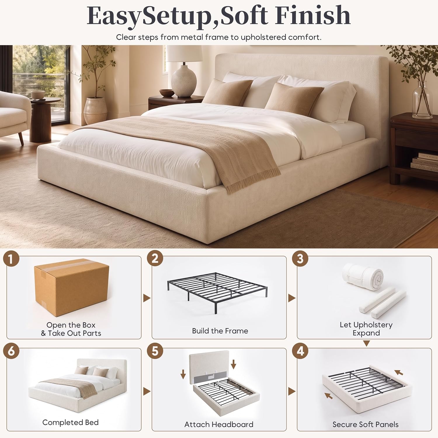 Queen Upholstered Platform Cloud Bed Frame with Headboard, Beige