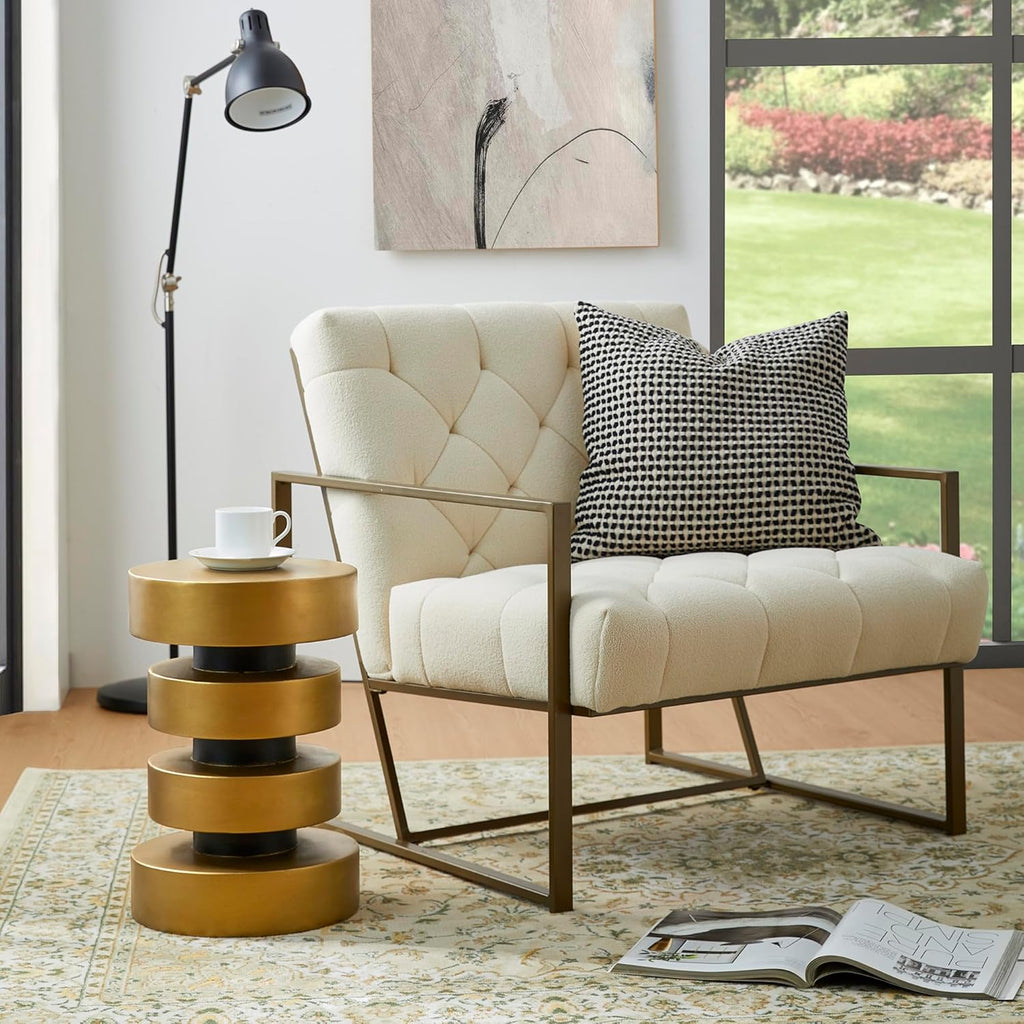 Glitzhome Gold Floating Disks Side Table & Accent Stool - 18" H Modern Antique End Table, Durable MGO Fiberglass Desk for Living Room, Holds 220 lbs, Multi-Functional & Easy to Clean