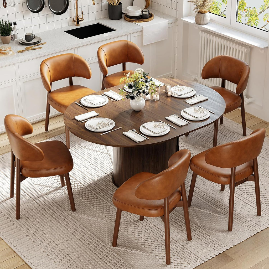 MALOL 47"-63" Extendable Round to Oval Dining Room Table Chairs Set for 4-8, Modern Wooden Kitchen Table and Chairs with Hidden Storage and Fluted Design for Dining Room/Small Space(Walnut and Brown)