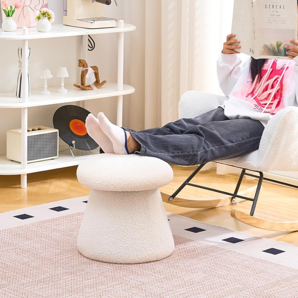 Wimarsbon Mushroom Ottoman, Multifunctional Teddy Velvet Footrest with Wood Frame, Round Vanity Chair with Cozy Hideaway Bed for Small Pets Suitable for Living Room, Bedroom, and Entryway (White)