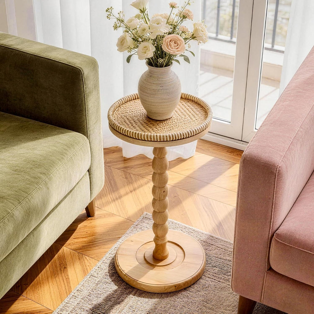 Rattan Round Side Table, Rubberwood‌ Small Drink Table for Small Spaces, Solid Wood Pedestal Coffee Tables, End Tables for Living Room, Sofa Couch, Bedroom, Corners, and Outdoor (Natural)