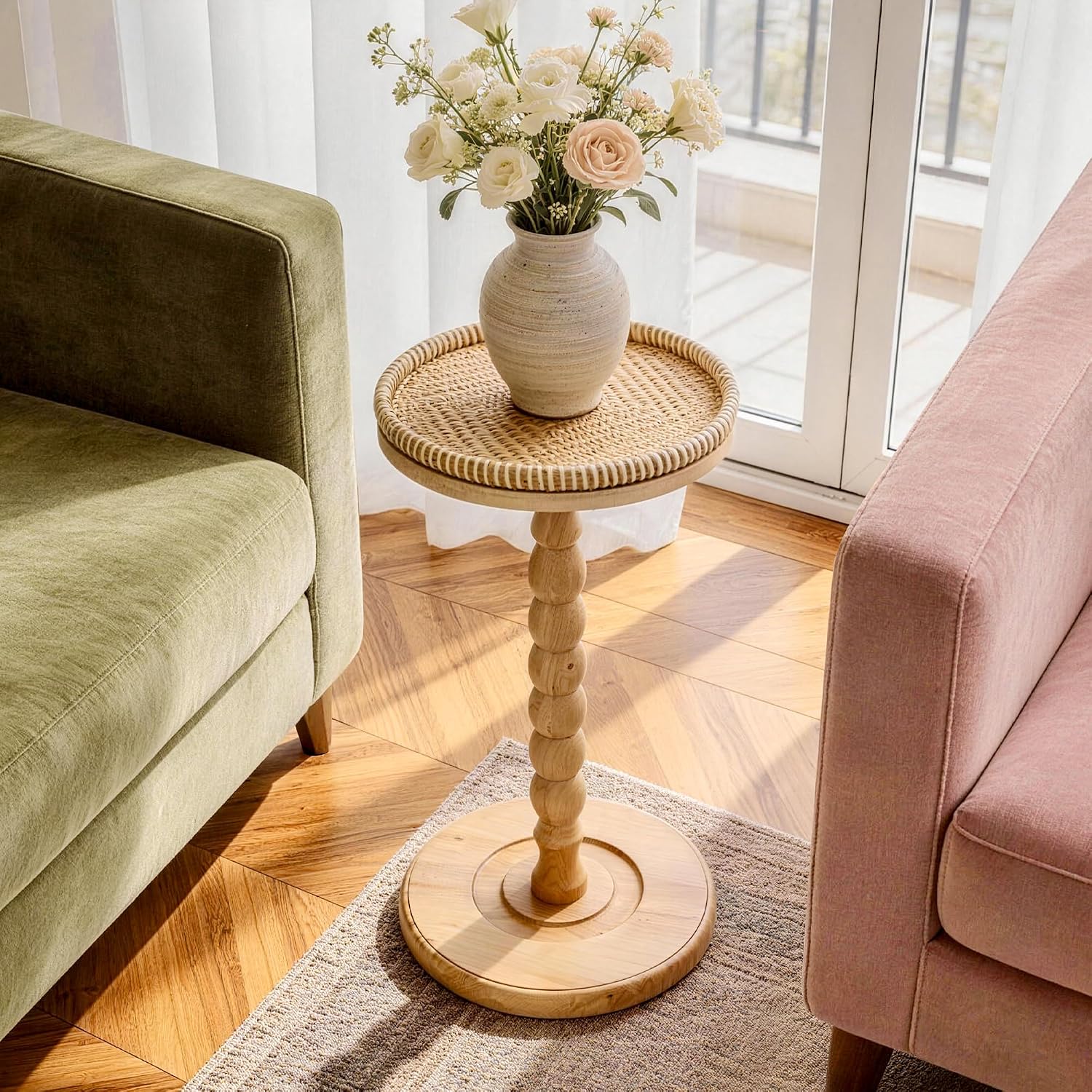 Rattan Round Side Table, Rubberwood‌ Small Drink Table for Small Spaces, Solid Wood Pedestal Coffee Tables, End Tables for Living Room, Sofa Couch, Bedroom, Corners, and Outdoor (Natural)