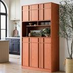72" Pantry Cabinet, Tall Kitchen Pantry Storage Cabinet with Countertop, Adjustable Shelves, Mid Century Modern Wooden Kitchen Hutch with Skeleton Lines for Living Room, Dining Room, Cherry