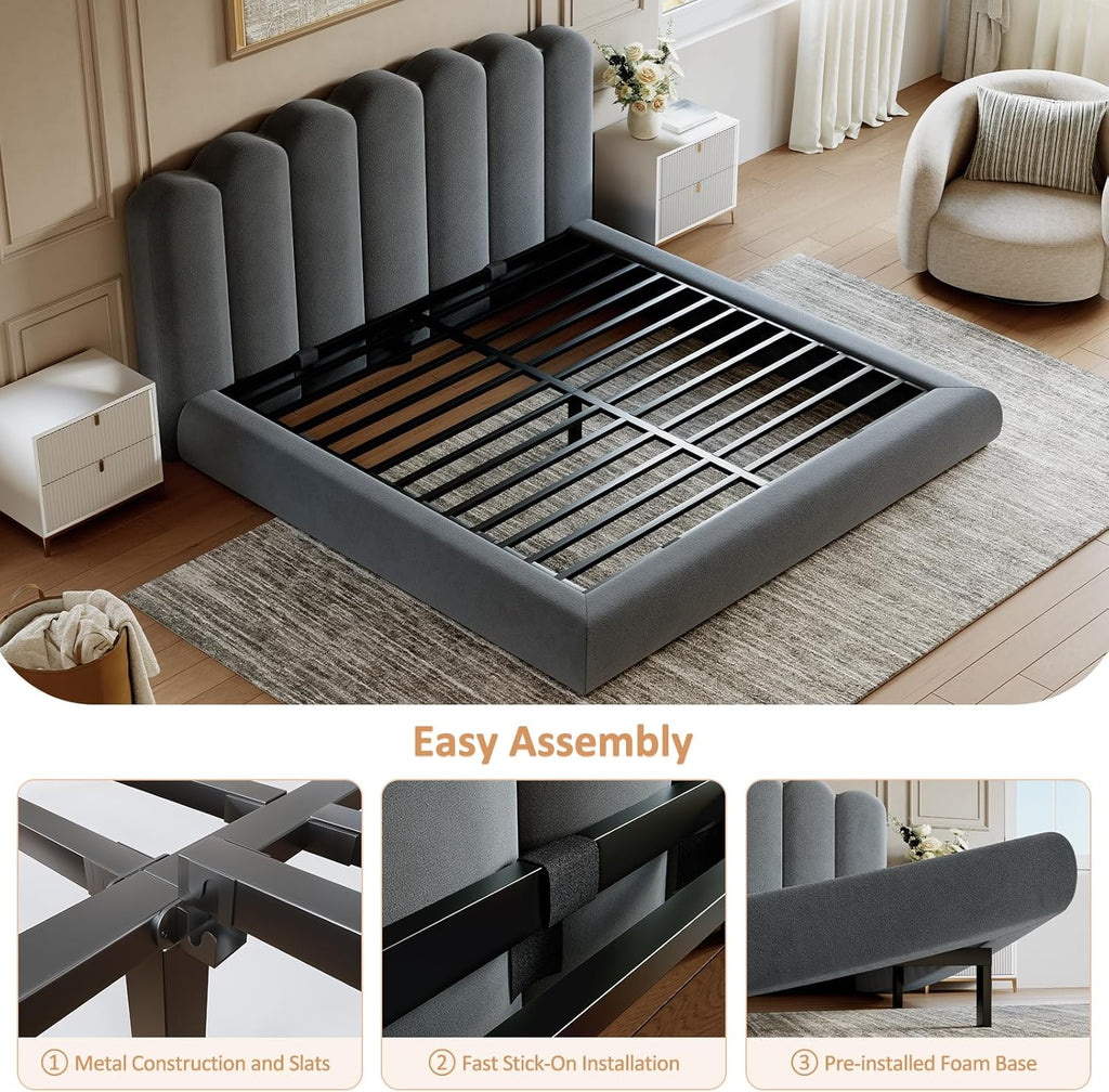 King Size Cloud Bed Frame with Headboard, Upholstered Platform Bed with Velvet Finish, Sturdy Metal Slat Support, Noise-Free, No Box Spring Needed, Grey