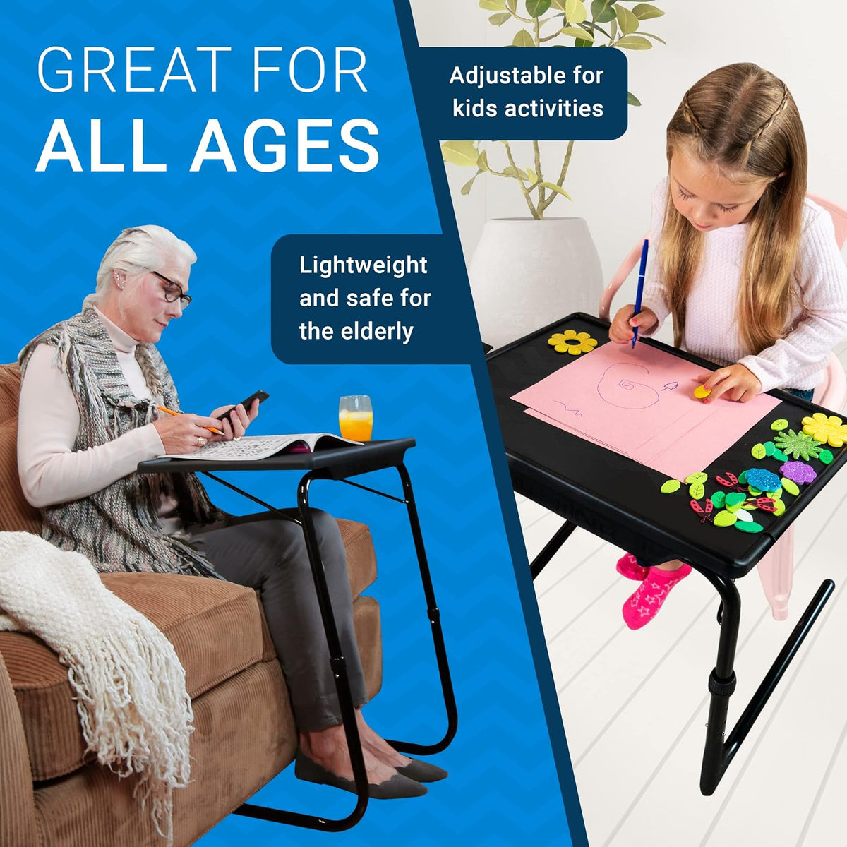 Table-Mate TV Tray Table | Portable Desk Folding Dinner Tray, Couch Table Trays for Eating Snack Food, Portable Laptop Desk, Bed Trays for Eating | Adjustable TV Trays with 3 Angles and Cup Holder