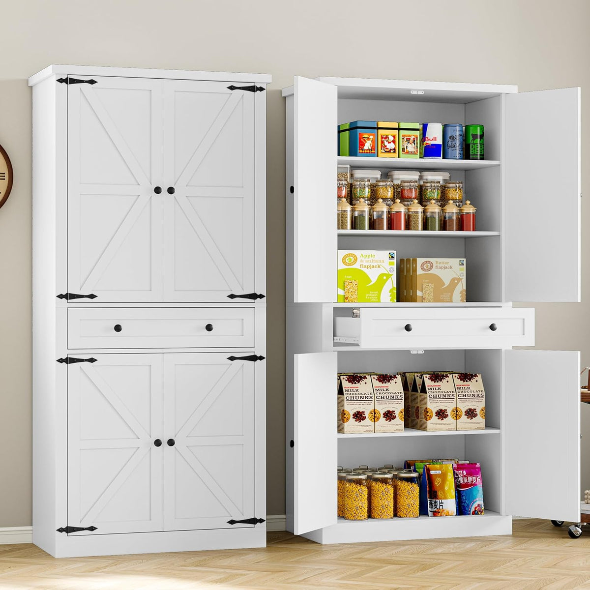 BORNOON Pantry Organizers and Storage Cabinet, 67.7” Barn Door White Kitchen Cabinet with Drawers and Adjustable Shelf, Tall Pantry for Kitchen, Dining Room, Living Room