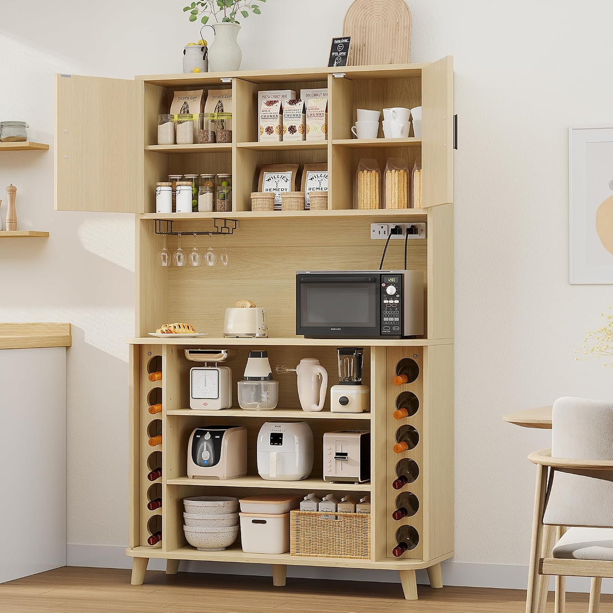 71'' Modern Kitchen Pantry Cabinet with Sliding Tambour Doors& Adjustable Shelves, Built-in Power Outlet, Food Storage Cabinet (Wood Color)