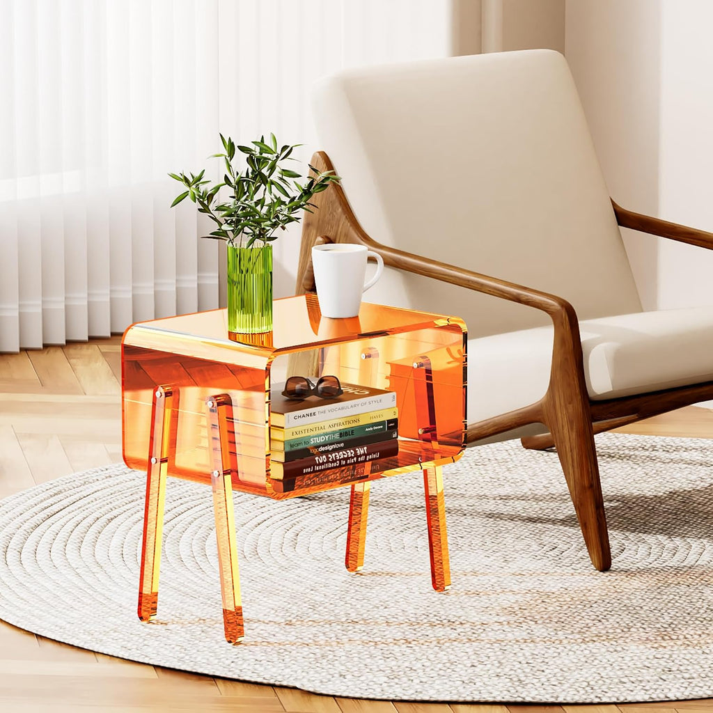 Acrylic Side Table, 2-Tier End Table with Open Storage for Small Spaces, Clear Nightstand Bedside Table with for Bedroom, Living Room (Orange, 16.9" × 11.8“ × 17”)