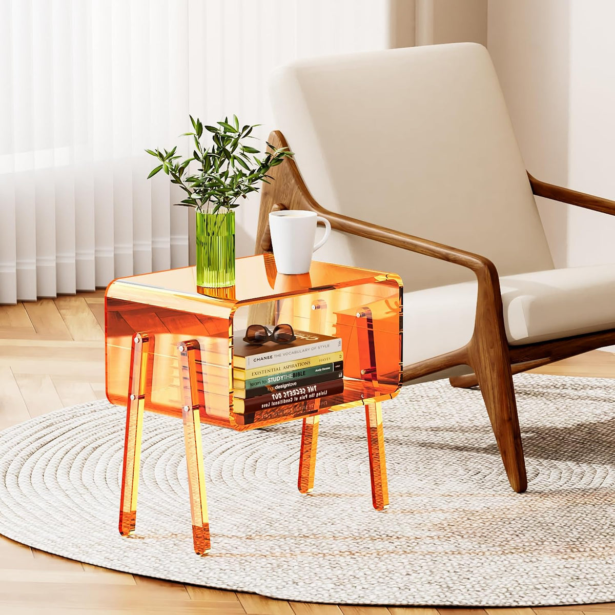 Acrylic Side Table, 2-Tier End Table with Open Storage for Small Spaces, Clear Nightstand Bedside Table with for Bedroom, Living Room (Orange, 16.9" × 11.8“ × 17”)