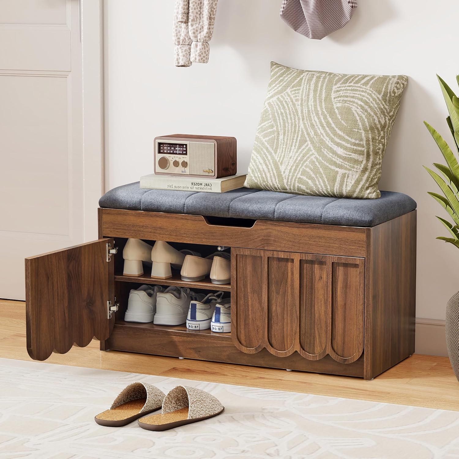 ORRD Shoe Storage Bench with Cushion, Entryway Shoe Cabinet Bench with 2 Scalloped Doors & Adjustable Shelf, 2-Tier Shoe Rack Organizer Cabine for Entryway, Hallway, Living Room (Walnut)