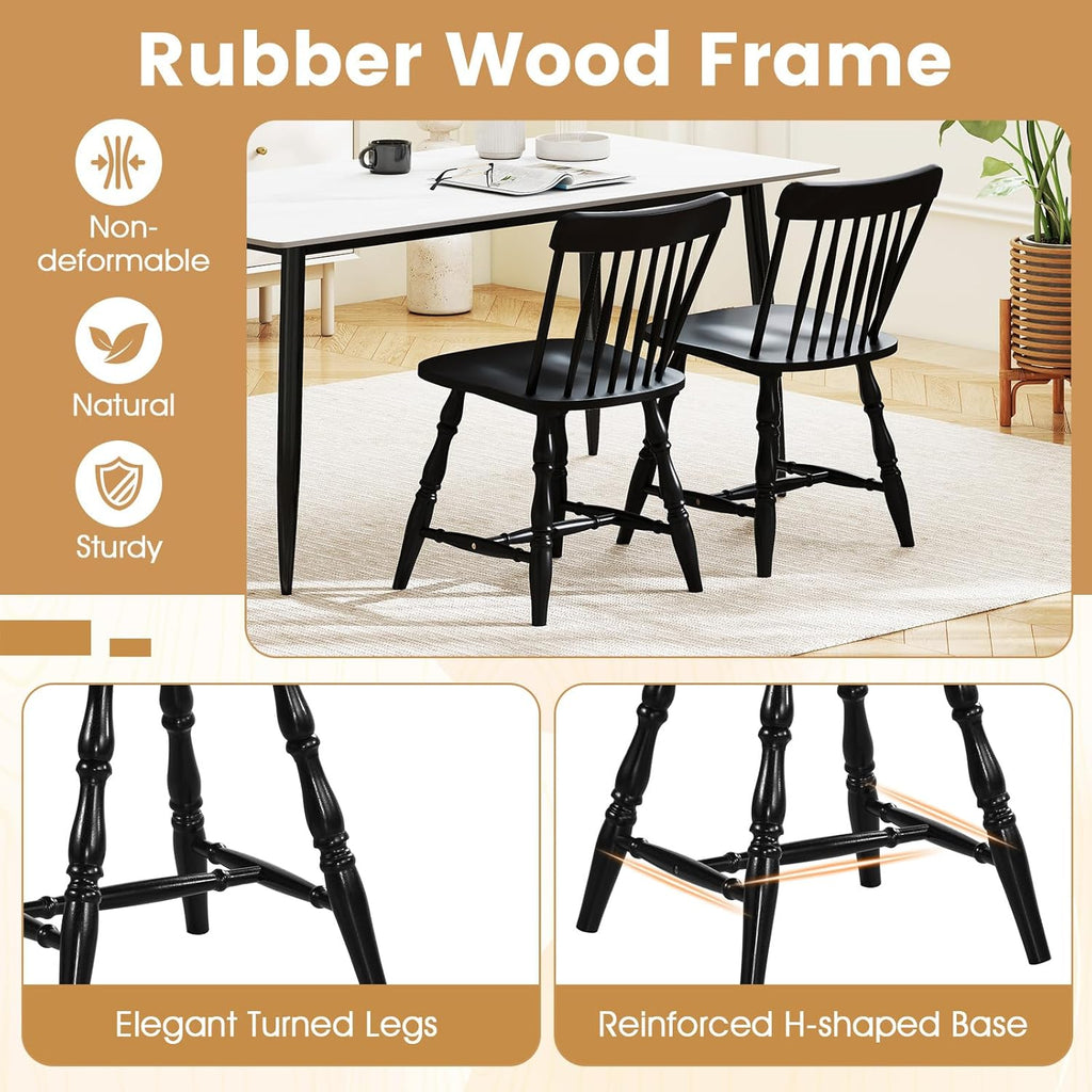 Giantex Black Windsor Dining Chairs Set of 4, Farmhouse Rubber Wood Kitchen Chairs with Turned Legs, Curved Spindle Back & Contoured Sat, Wooden Dining Room Chair for Living Room Restaurant