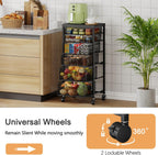 6-Tier Kitchen Storage Cart -Fruit Vegetable Storage Cart with Drawers, Wooden Top Metal Wire Kitchen Organizer and Storage Cart with Wheels to Storage Onions Potatoes Cans Snacks for Kitchen