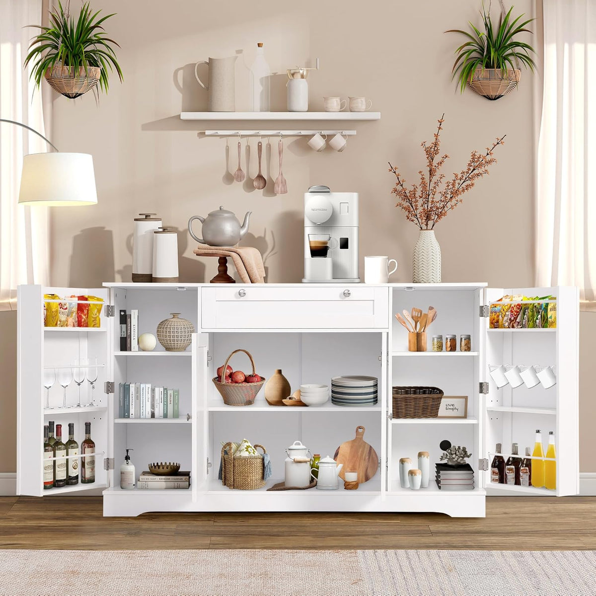 TITIMO 54" Sideboard Buffet Cabinet with Storage, Farmhouse Kitchen Storage Cabinets with Drawer, Wood Coffee Bar Cabinet with Adjustable Shelves, Pantry Cabinets for Living Room (White)