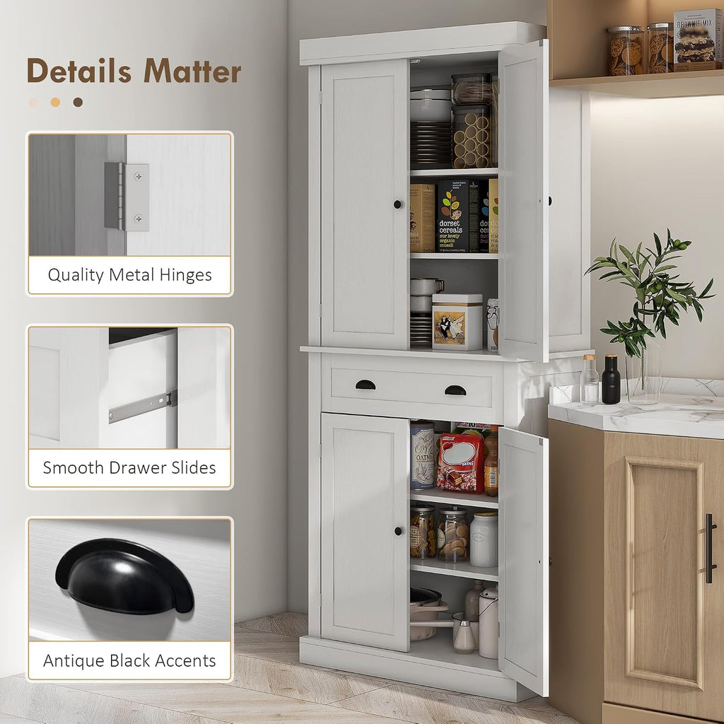 HOMCOM 72.5" Kitchen Pantry Cabinet Freestanding 4 Doors White Wood Grain | Traditional Storage Cabinet, Drawer, 3 Adjustable Shelves, for Dining Room