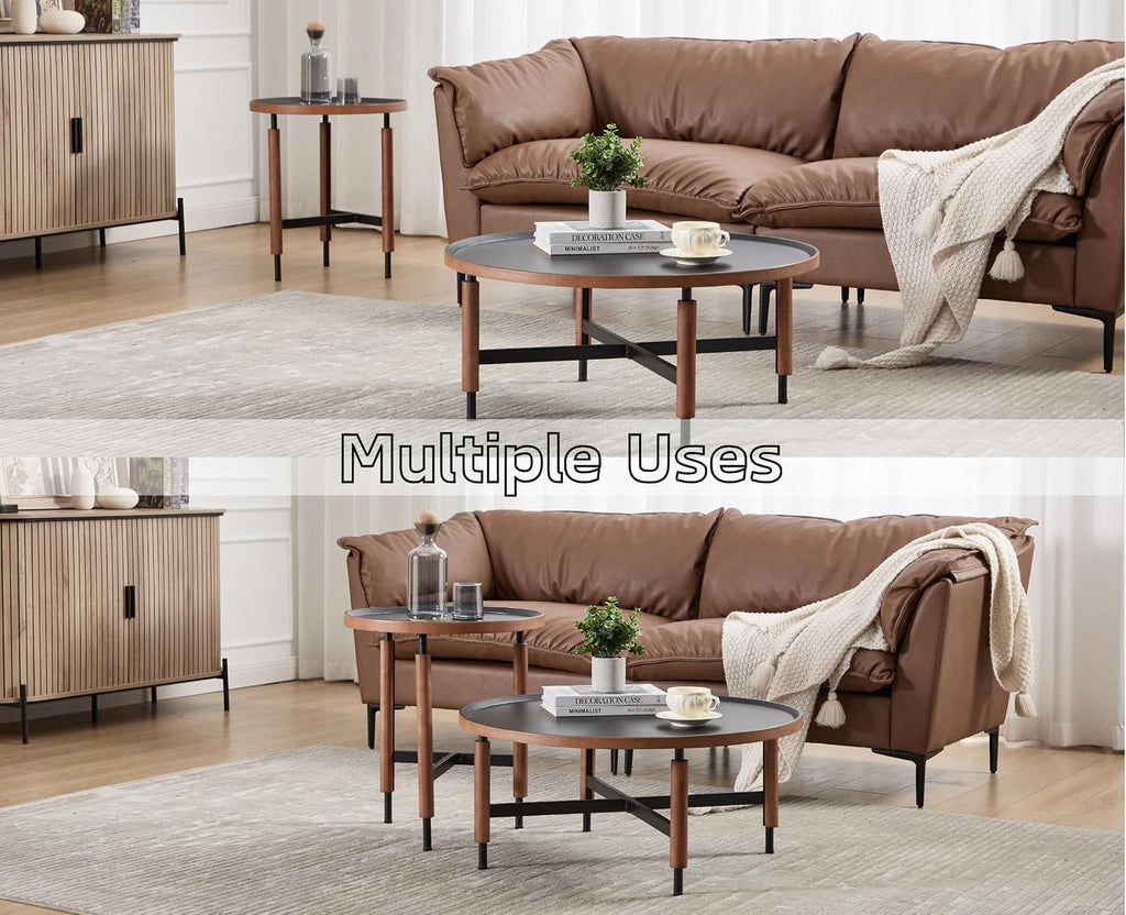 EALSON 19.5" Round Side Table Mid Cnetury Modern End Table for Couch Sofa with Black Metal Legs/Wood Top Vintage Accent Nightstand for Living Room Bedroom Small Spaces Office, Walnut