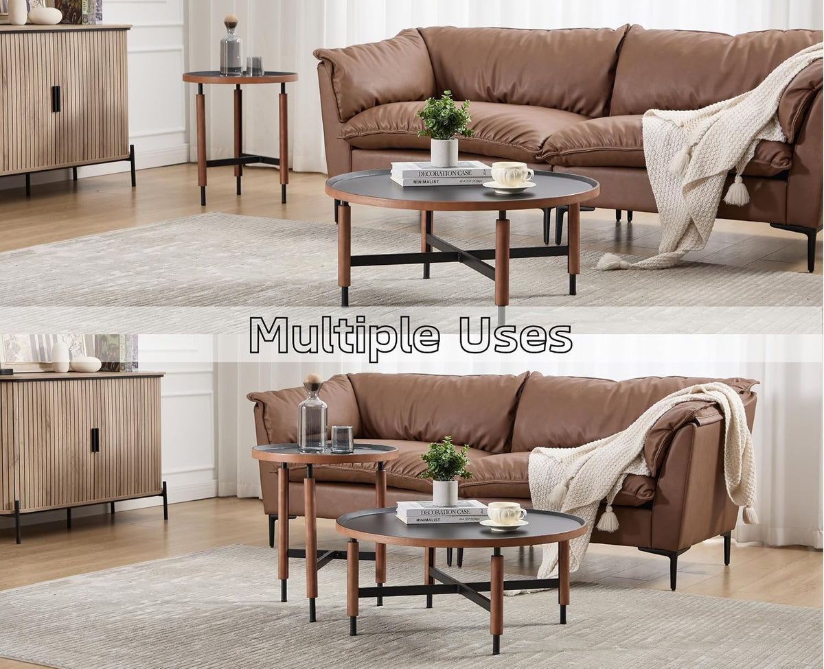 EALSON 19.5" Round Side Table Mid Cnetury Modern End Table for Couch Sofa with Black Metal Legs/Wood Top Vintage Accent Nightstand for Living Room Bedroom Small Spaces Office, Walnut