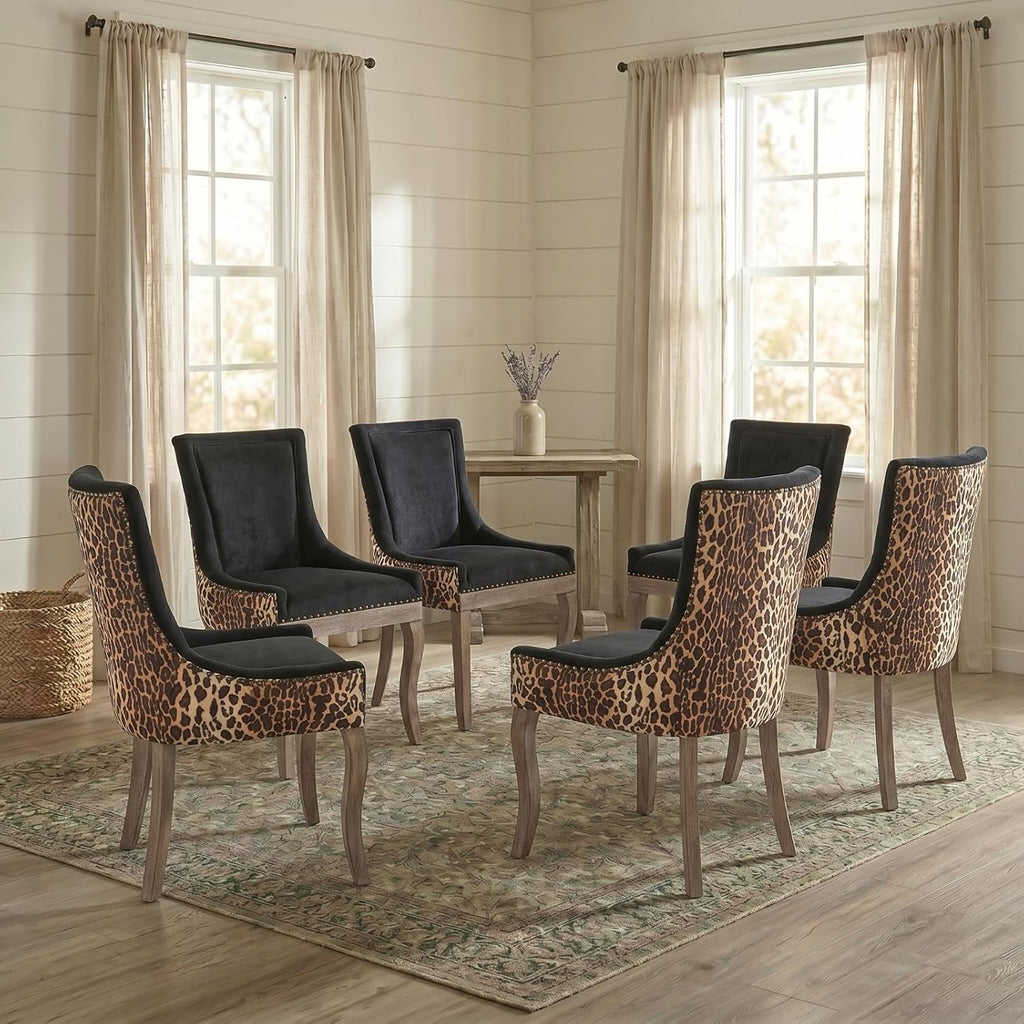 Leopard Upholstered Dining Chairs Set of 6, Animal Print Fabric Kitchen & Dining Room Chairs with Nailhead Trim, Black Leopard Pattern High Back Kitchen Chairs, Solid Wood Legs, Sillas de Comedor