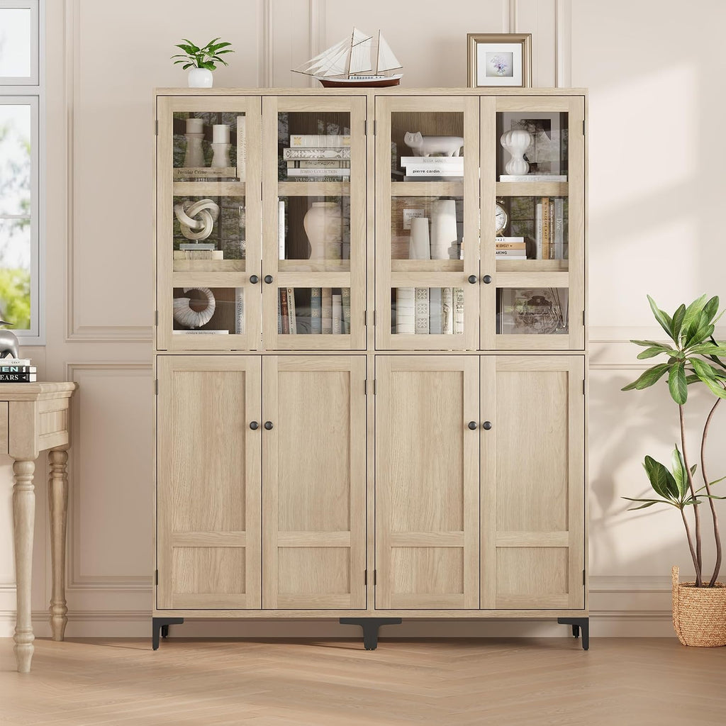 GarveeHome 71 in Tall Storage Cabinet, Kitchen Pantry Cabinet 5 Tier Bathroom Cabinet with 4 Doors Adjustable Shelves for Kitchen, Dining Room, Bathroom (Pear Wood, Glass with 4 Doors)
