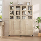 GarveeHome 71 in Tall Storage Cabinet, Kitchen Pantry Cabinet 5 Tier Bathroom Cabinet with 4 Doors Adjustable Shelves for Kitchen, Dining Room, Bathroom (Pear Wood, Glass with 4 Doors)