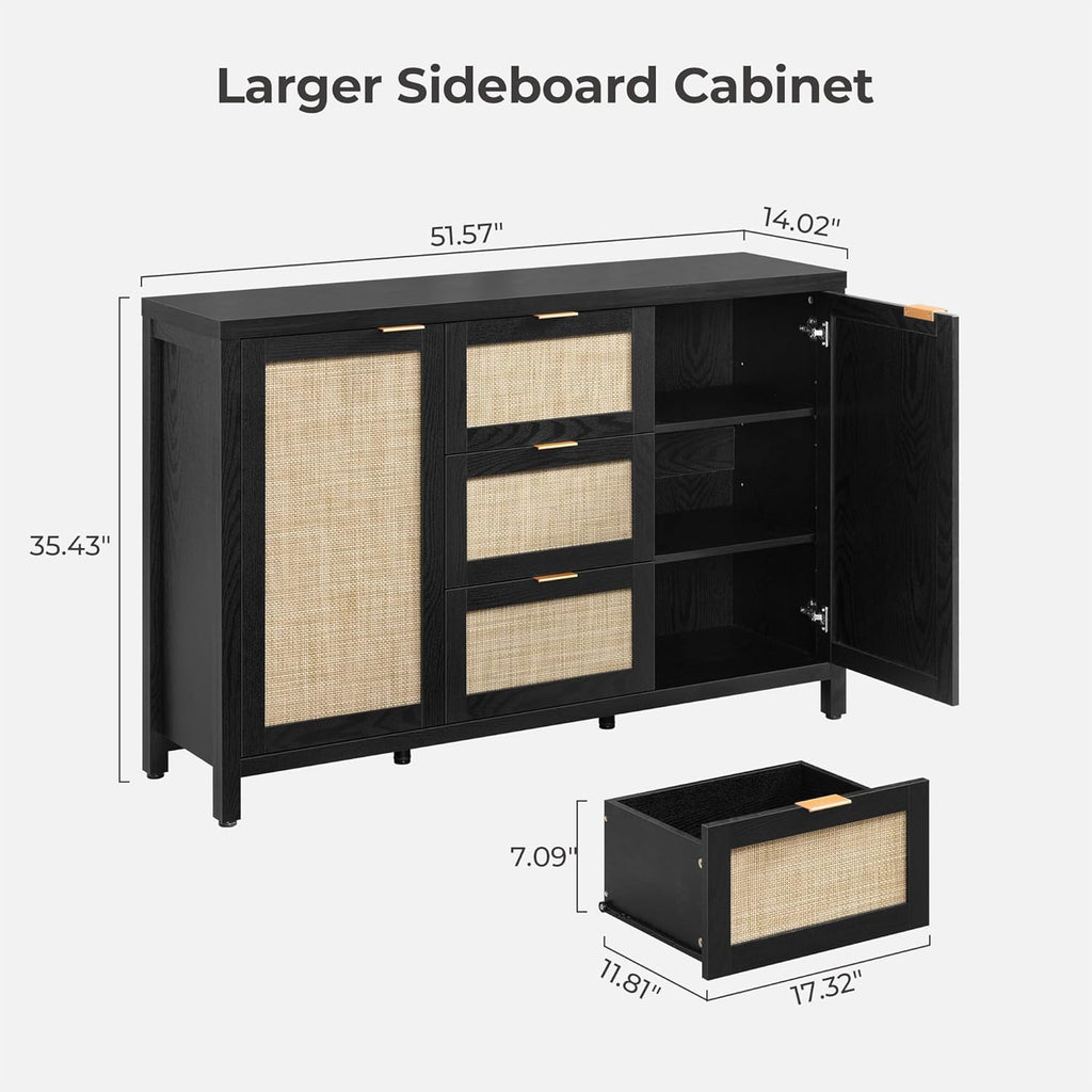 SICOTAS Rattan Large Sideboard Buffet Cabinet with Storage - Farmhouse Boho Coffee Bar Storage Cabinet with 3 Drawers and 2 Doors, Tall Credenza for Living Room, Kitchen, Hallway, Black Oak (2 Pieces)