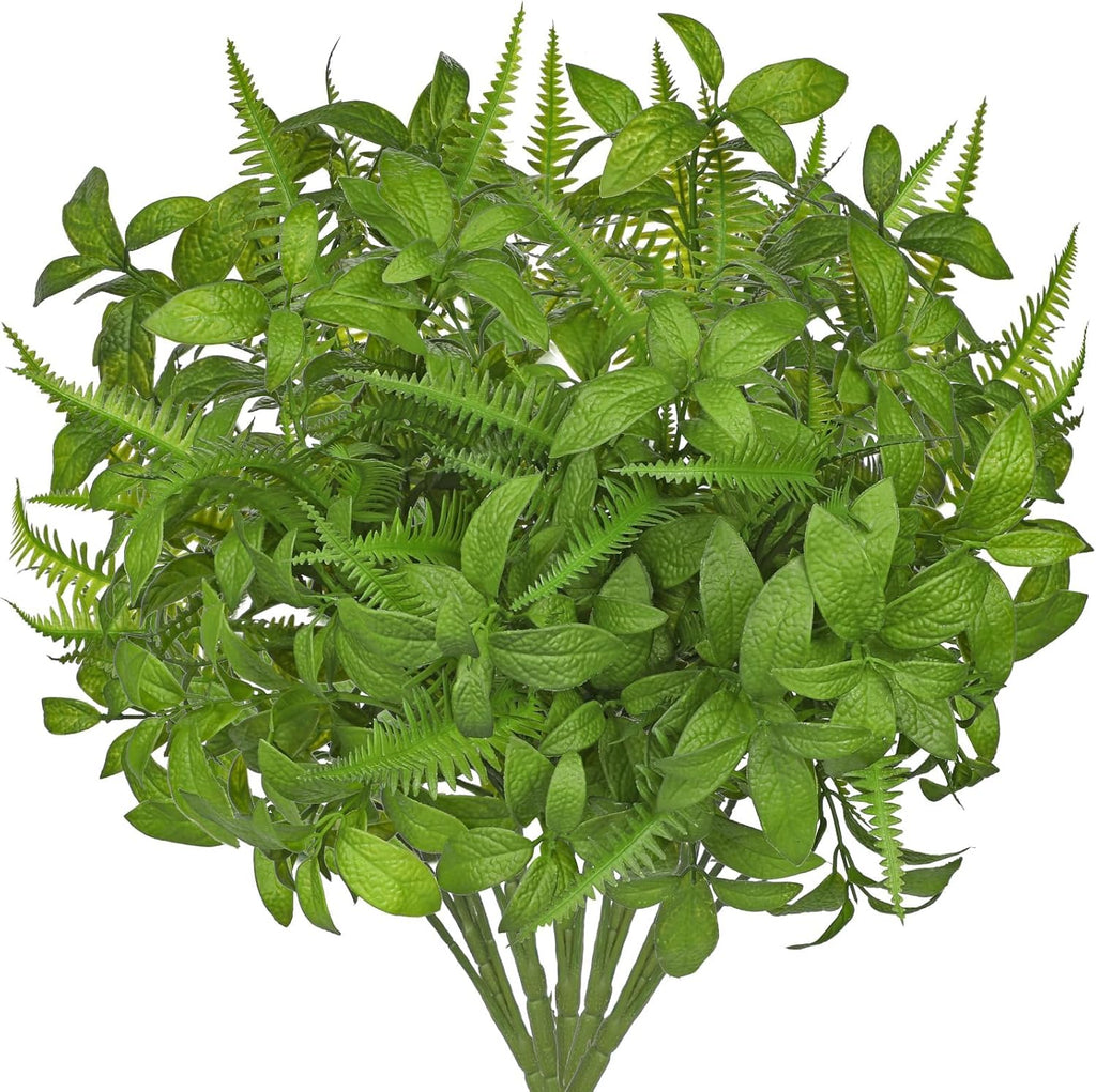 Artificial Fern Mint Leaves Stems Mix Plants 5pcs Realistic UV Resistant Fake Greenery Plants and Branches for Decor Home Indoor Outdoor Garden