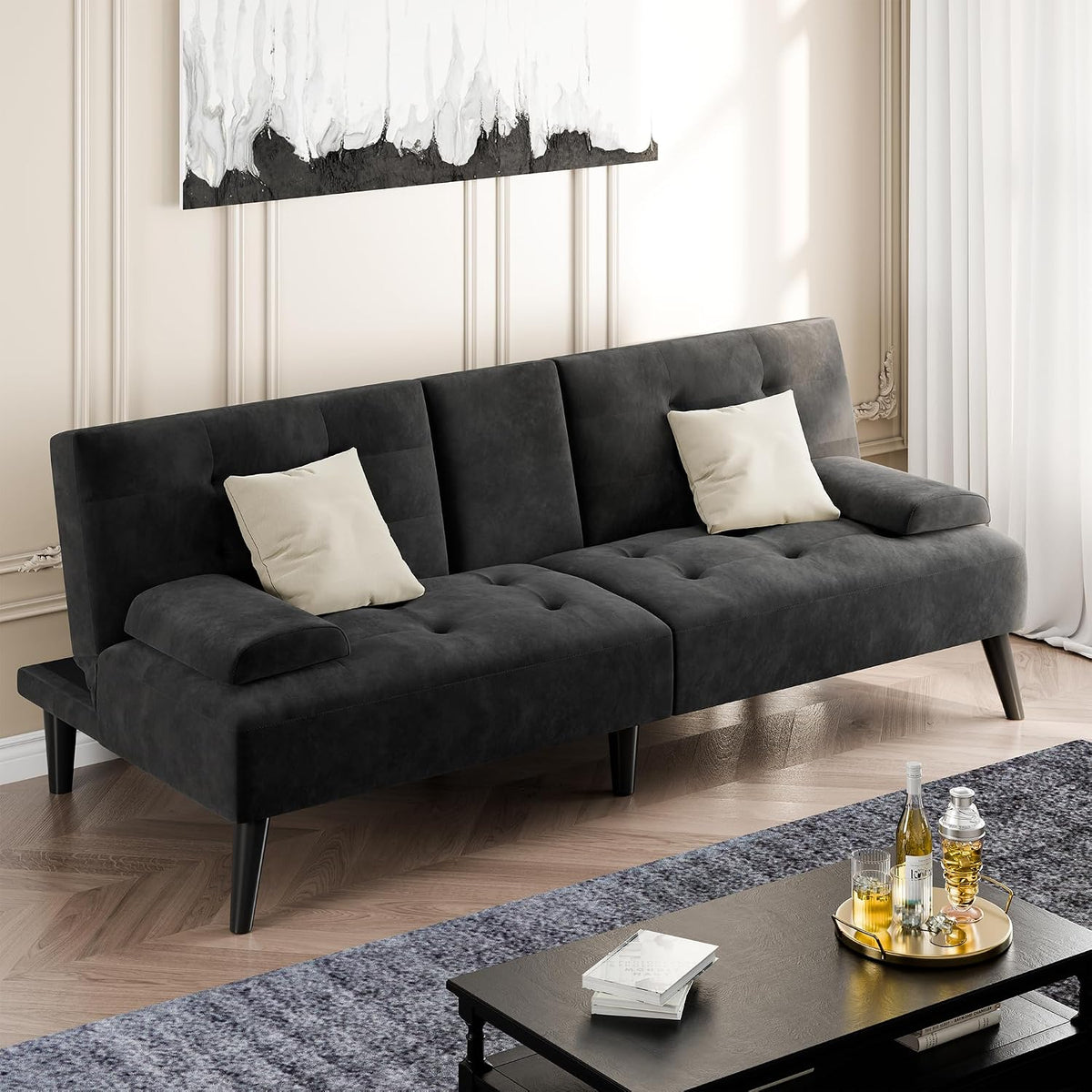 Shintenchi 64" Futon Sofa Bed, Velvet Foldable Couch, Upholstered Loveseat Sofa Couch with Folding Cup Holders, Reclining Sleeper with Removable Armrests for Home, Office, Black