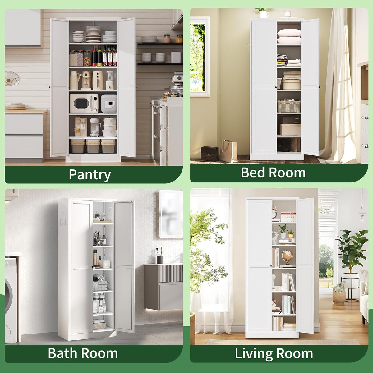 72" Tall Kitchen Pantry Cabinet,White Metal Pantry Cabinet with 2 Doors & 5 Adjustable Shelves,Utility Storage Cabinet for Living Room,Garage,Basement