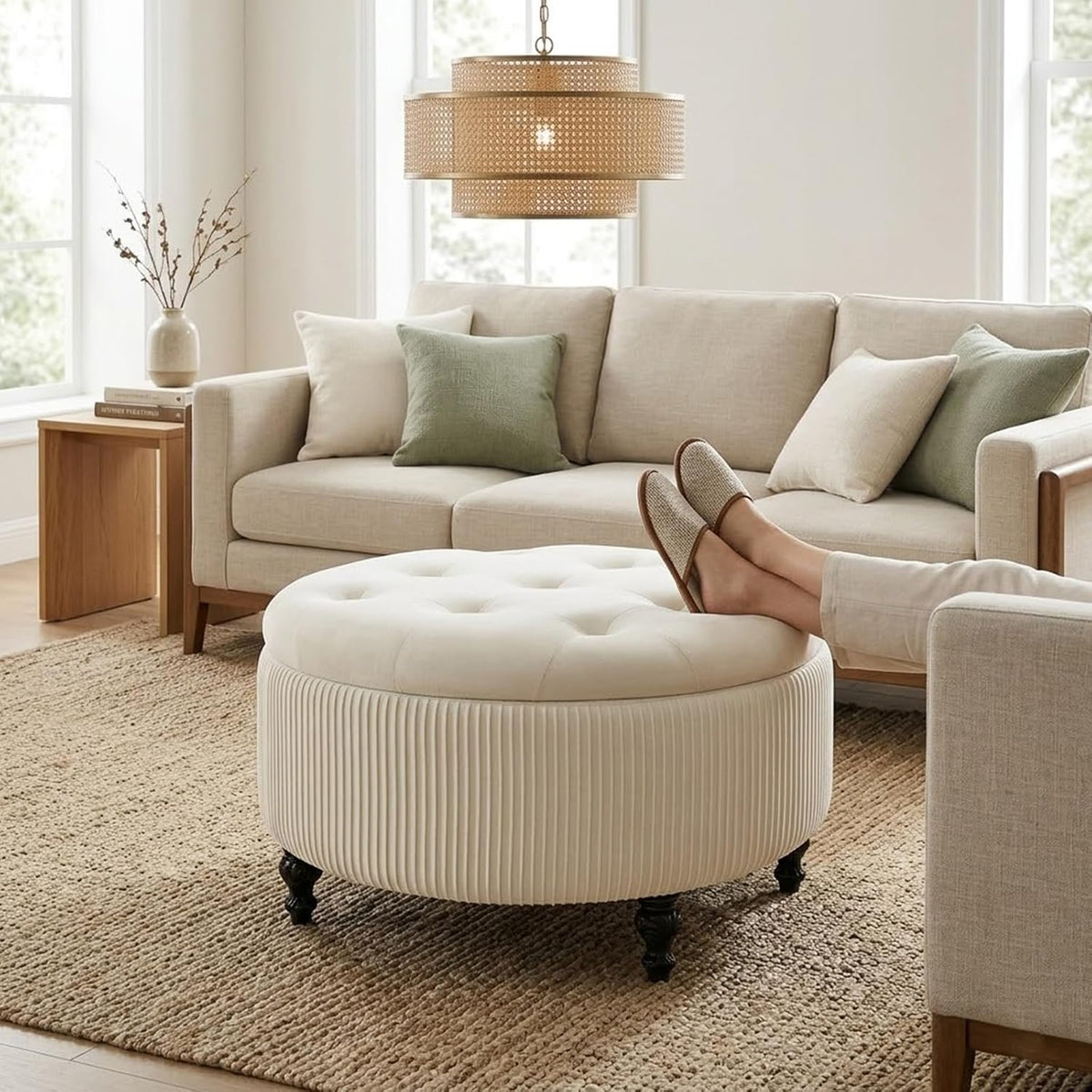 24Inch White Round Storage Ottoman, Upholstered Coffee Table | Modern Tufted Fabric Circle Storage Coffee Table with Removable Lid, Upholstered Storage Ottoman with Tray for Living Room