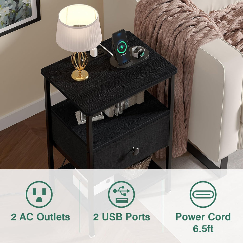 VECELO Nightstands with Charging Station Set of 2,Bedside Tables with Storage Shelf&Fabric Drawer,End Tables for Bedroom,Living Room,Small Spaces,Black
