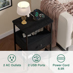 VECELO Nightstands with Charging Station Set of 2,Bedside Tables with Storage Shelf&Fabric Drawer,End Tables for Bedroom,Living Room,Small Spaces,Black