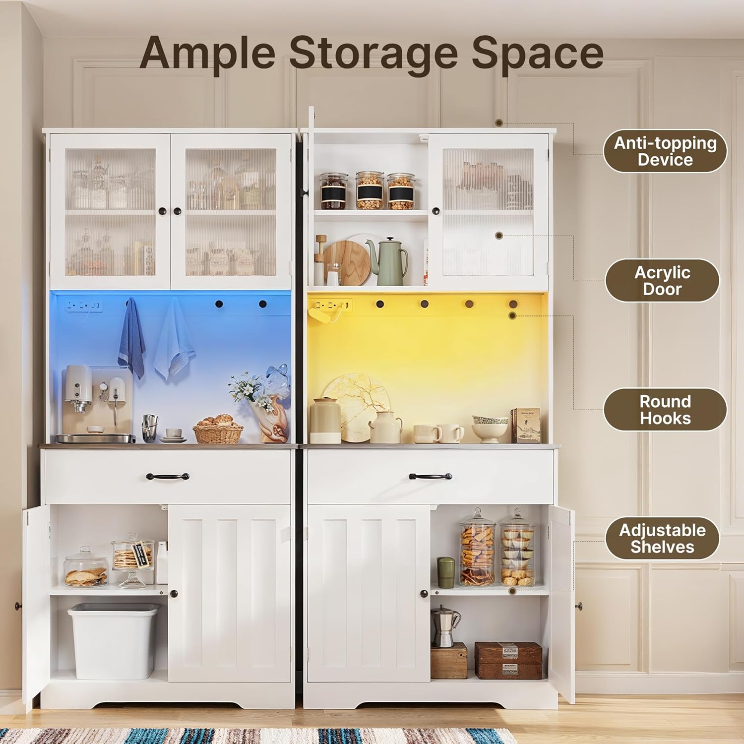 Gizoon 71" H Pantry Cabinet with LED Lights, Tall Farmhouse Kitchen Storage Cabinet with Charging Station, Modern Coffee Bar with Doors and Drawers, for Dining Room, Tabletop-Grey