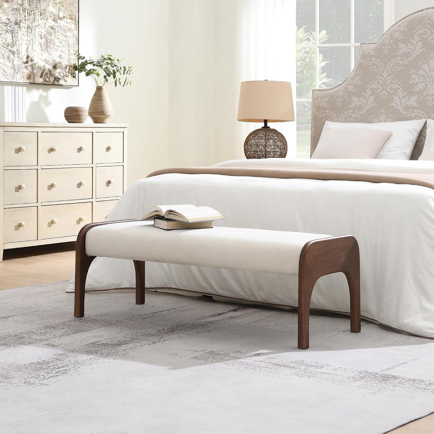 GDFStudio 50.25" Upholstered Long Bench, Modern Chenille Dining Bench with Solid Wood Legs, Padded Entryway Bench Seat for Bedroom End of Bed Kitchen Hallway Living Room, Beige