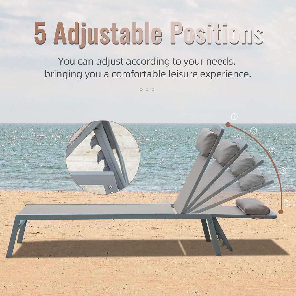 Domi Patio Chaise Lounge Set of 3, Aluminum Lounge Chairs with 5 Adjustable Positions, Outdoor Chaise Lounge for Pool, Deck, Garden, Backyard, Sunbathing, Khaki