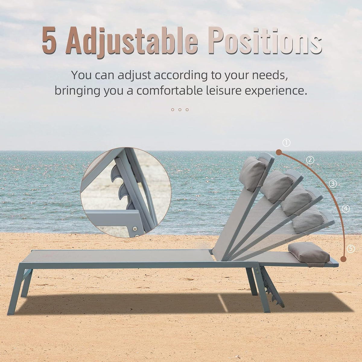 Domi Patio Chaise Lounge Set of 3, Aluminum Lounge Chairs with 5 Adjustable Positions, Outdoor Chaise Lounge for Pool, Deck, Garden, Backyard, Sunbathing, Khaki