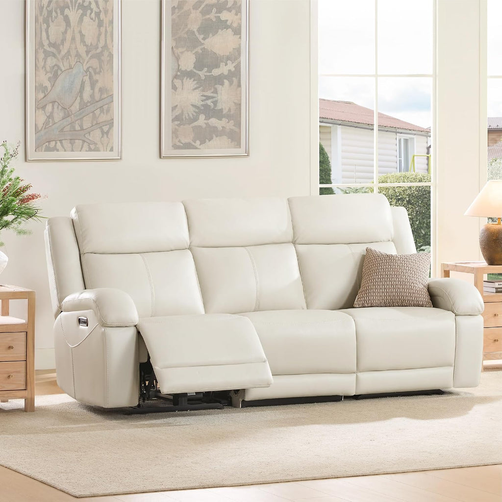 Watson & Whitely Genuine Leather Power Recliner Sofa & Loveseat Set, Cream | Wall Hugger Reclining Sofas, Power Headrest, Center Storage Console, Charging Ports, Cup Holders, Living Room Furniture Set